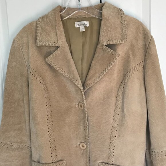 Charlotte Russe tan genuine leather jacket w/stitching, button closure lined, L - Picture 2 of 11